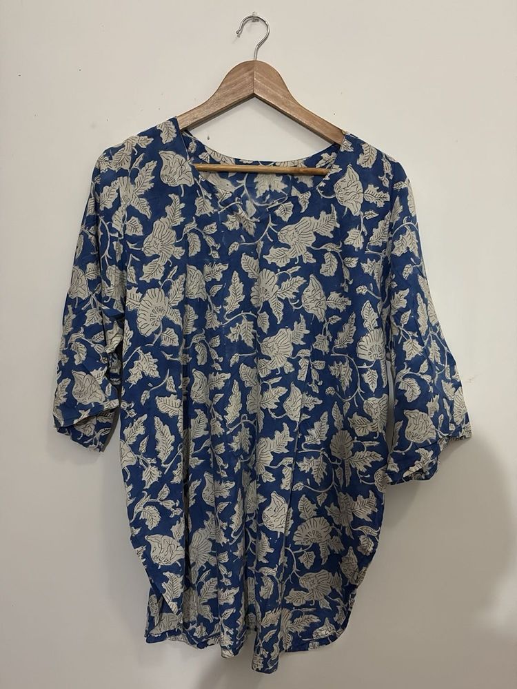 Blue Floral Print Cotton Kurta with pajama