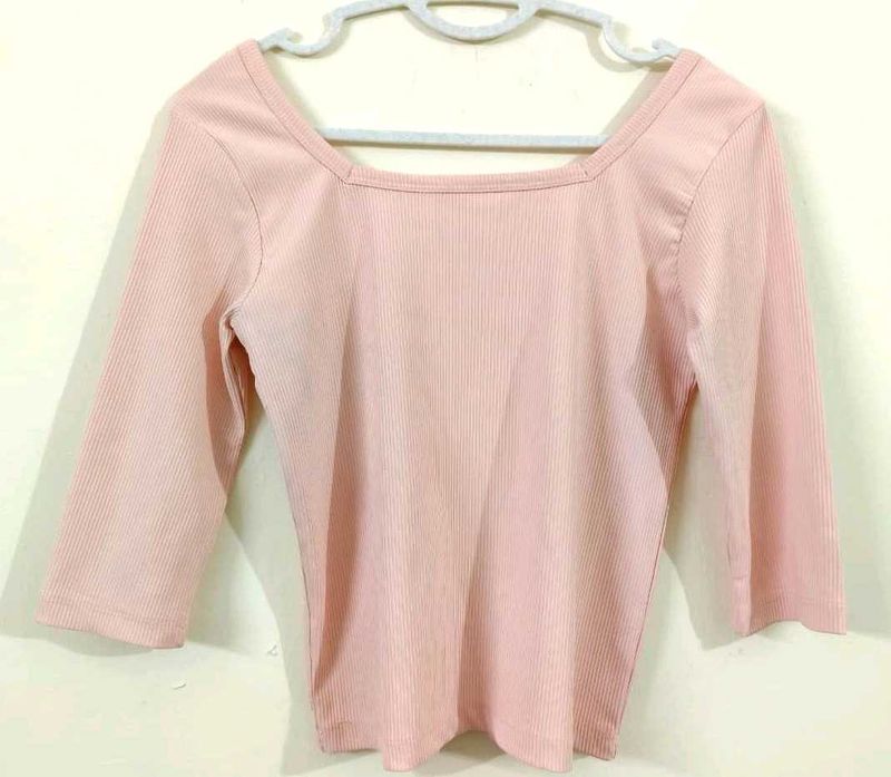 Ribbed Pink Square Neck Top