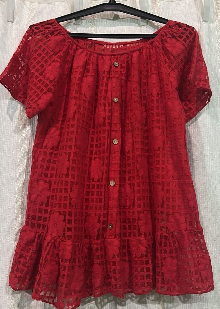 Chic Red Lace Off-Shoulder Top