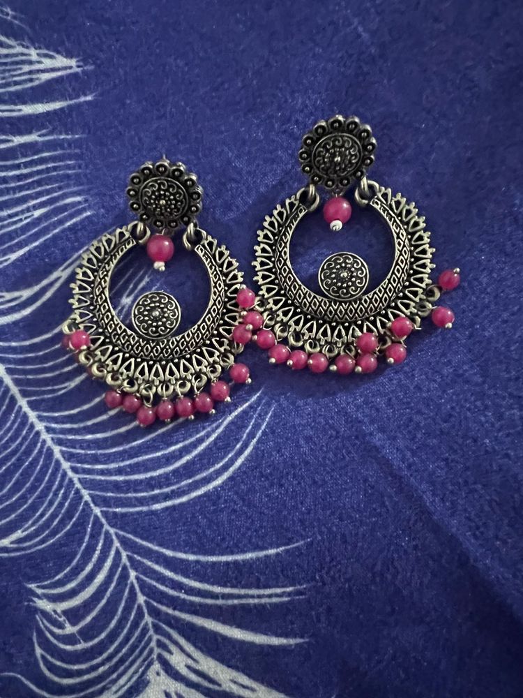 Silver Tone &amp; Pink Beaded Drop Earrings