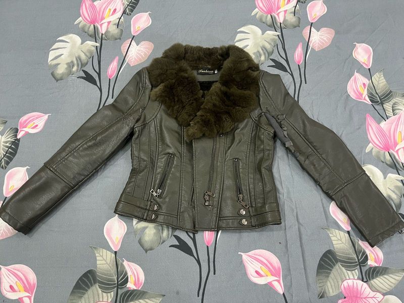 olive Fur Collar Leather Jacket