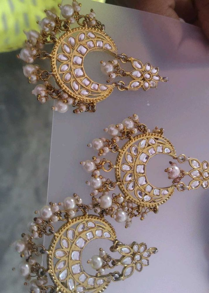 Pearl Kundan Chandbali Earrings