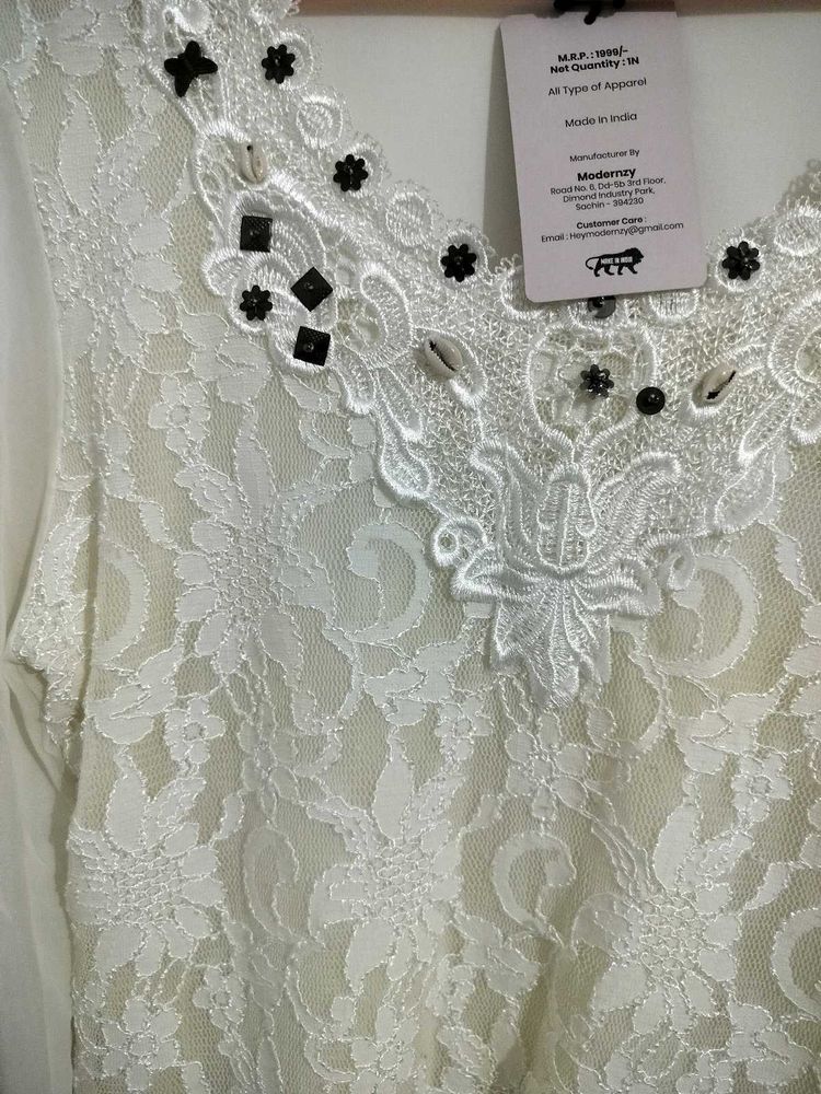 Elegant White Lace top with Embellishments