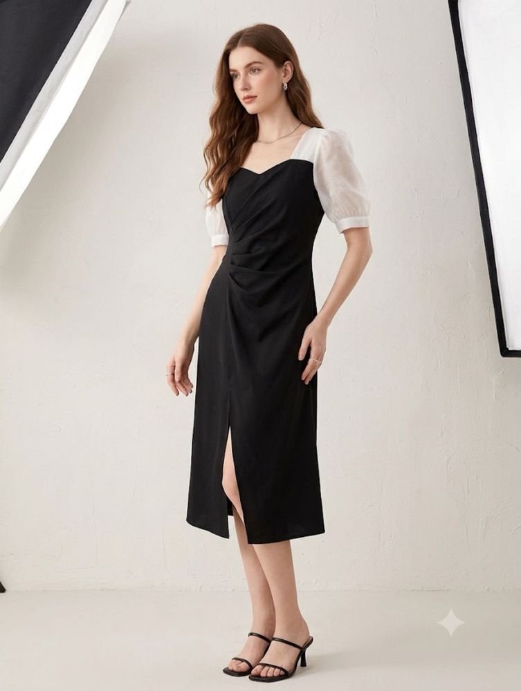 Chic Black Puff Sleeve Midi Dress