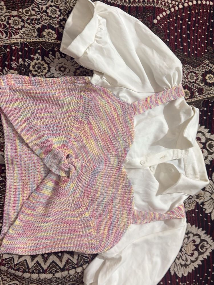 Chic Knit Crop Top with White Shirt