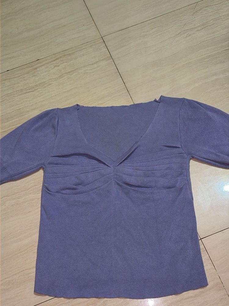 Purple V-Neck Ruched Knit Top