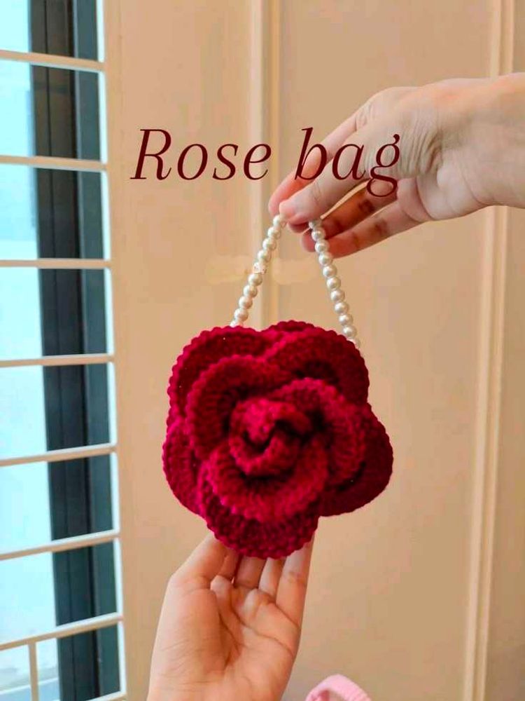 Crochet Unique Rose Clutch Bag with Pearl Handle