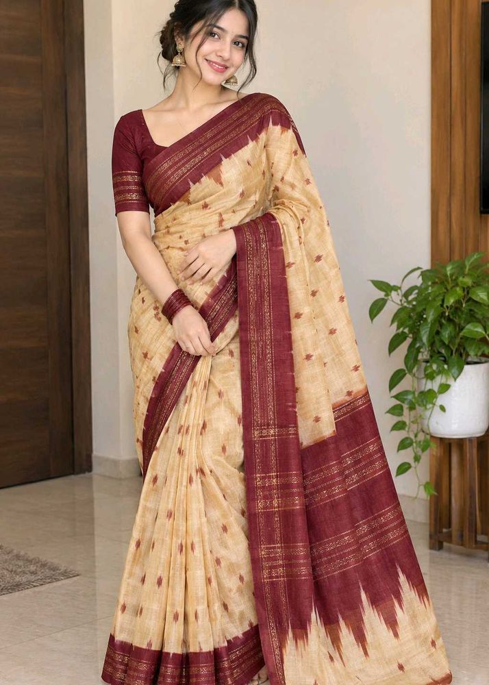 Elegant Beige &amp; Maroon Saree