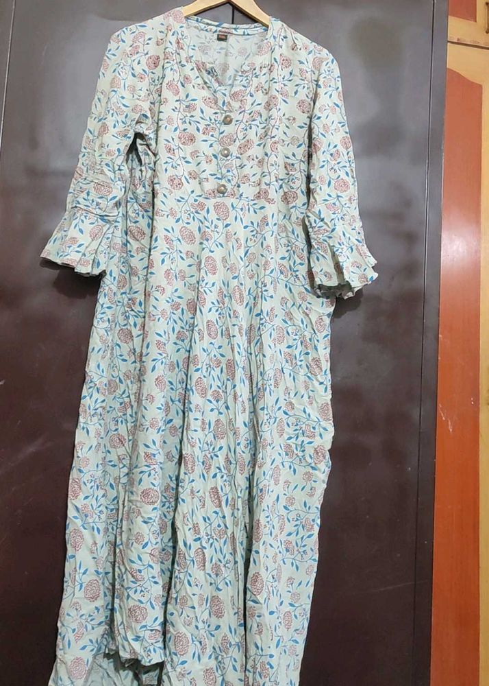 Sea Green &amp; Maroon Floral Print Kurti For 44 Bust