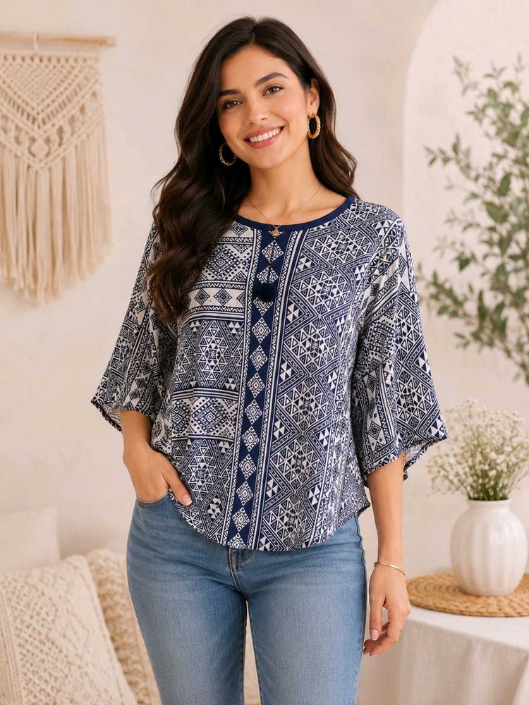 Stylish Patterned Geometric Cape Top 💠