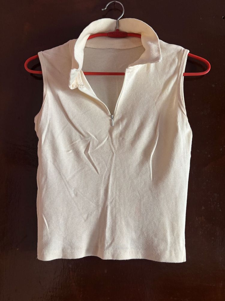 Cream Ribbed Zip Polo Tank Top