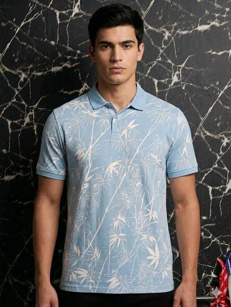 Stylish Men's Blue Bamboo Print Polo T-Shirt