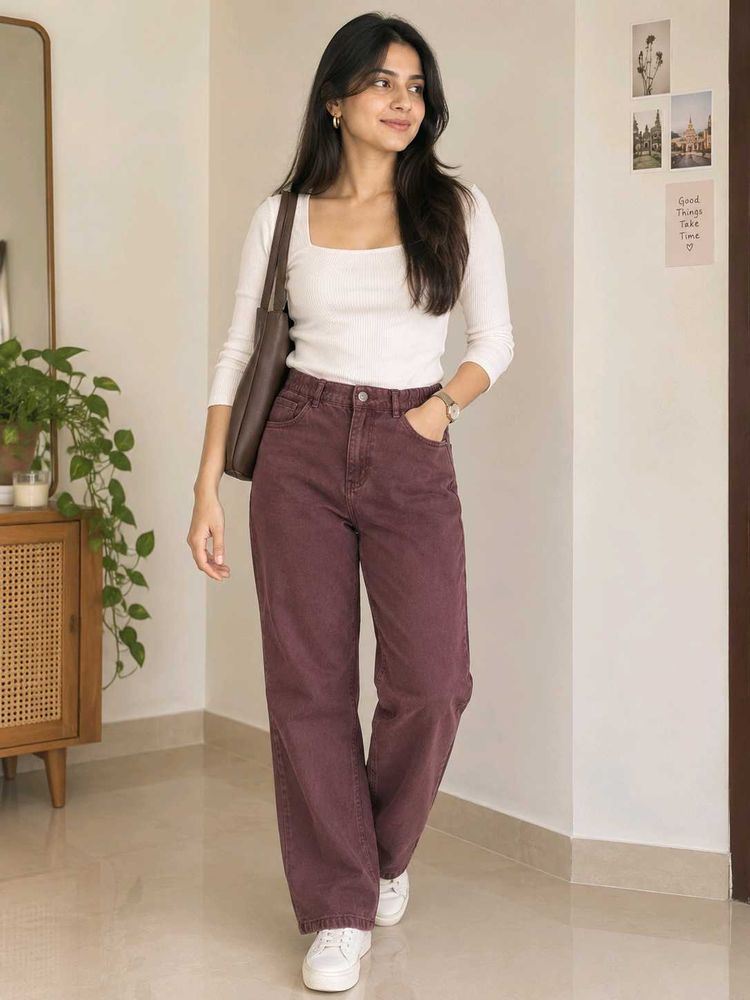 Stylish straight leg maroon jeans