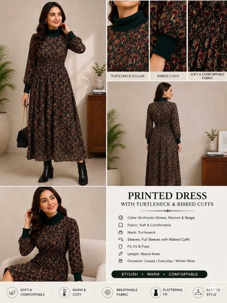 Printed Turtleneck Midi Dress
