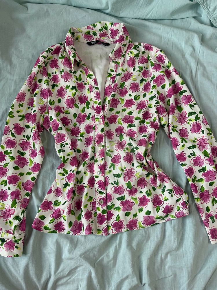 Zara Chic Floral Print Button-Up Shirt