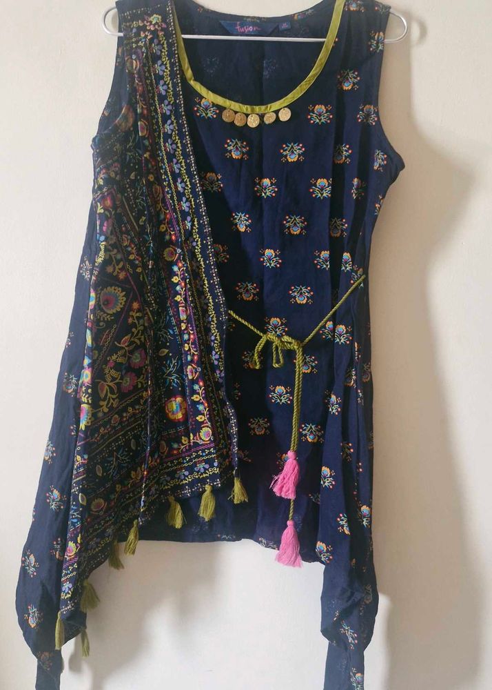 Boho chic Navy Blue Printed Asymmetric Kurti