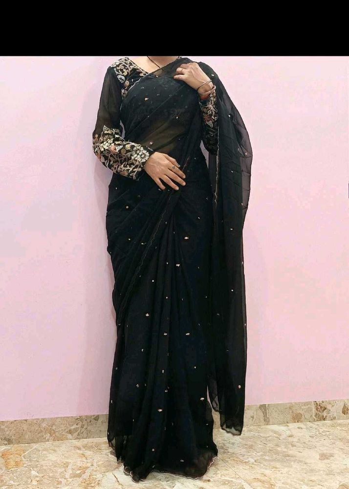 Elegant Black Embroidered Saree