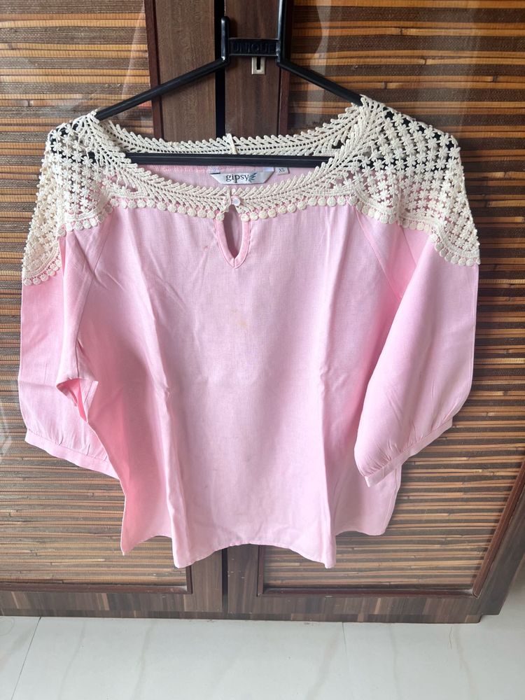 Pretty Pink Crocheted Neck Kurta