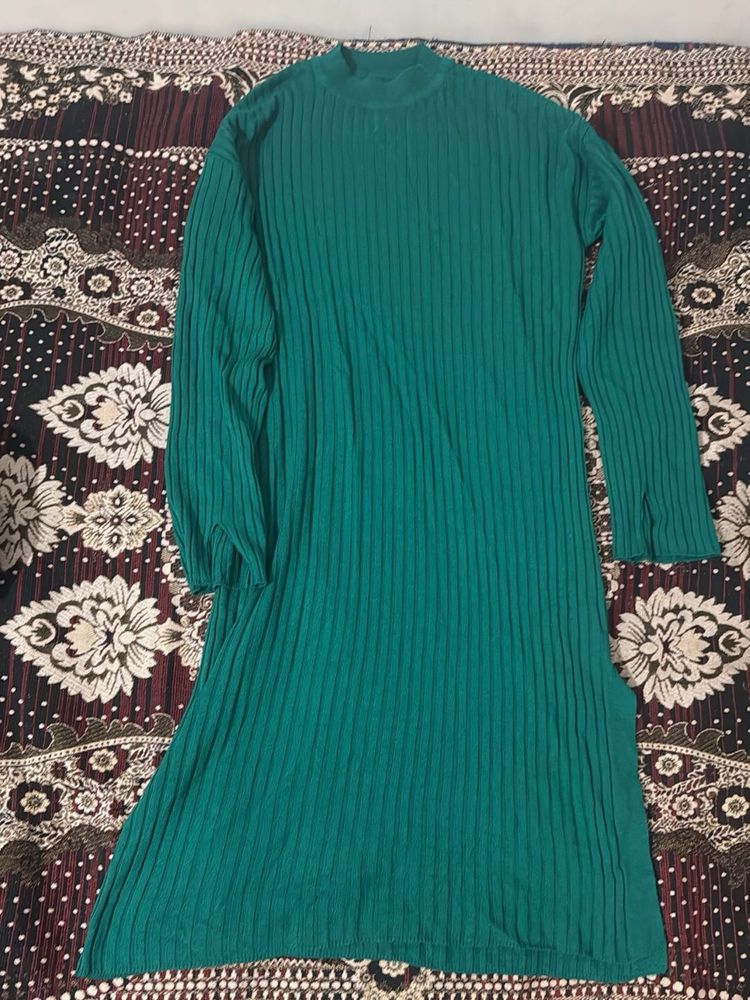 Green Ribbed Mock Neck Dress