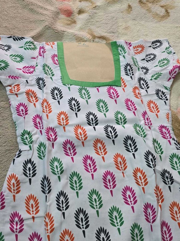 White Kurta with Colorful Leaf Print
