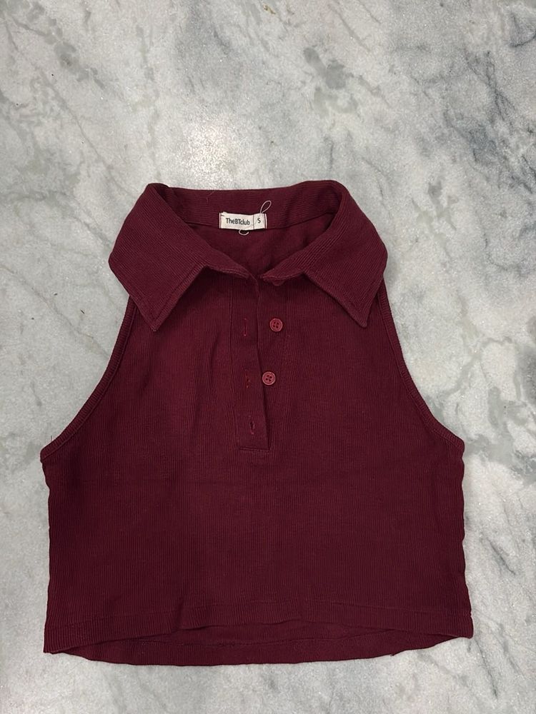 Chic Sleeveless Collared Ribbed Crop Top