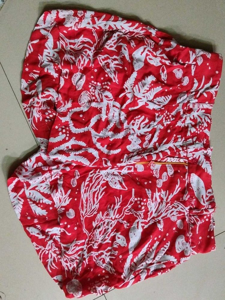 Red Tropical Print Shorts