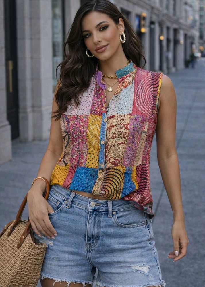 Reversible Kantha Quilted Colorful Top