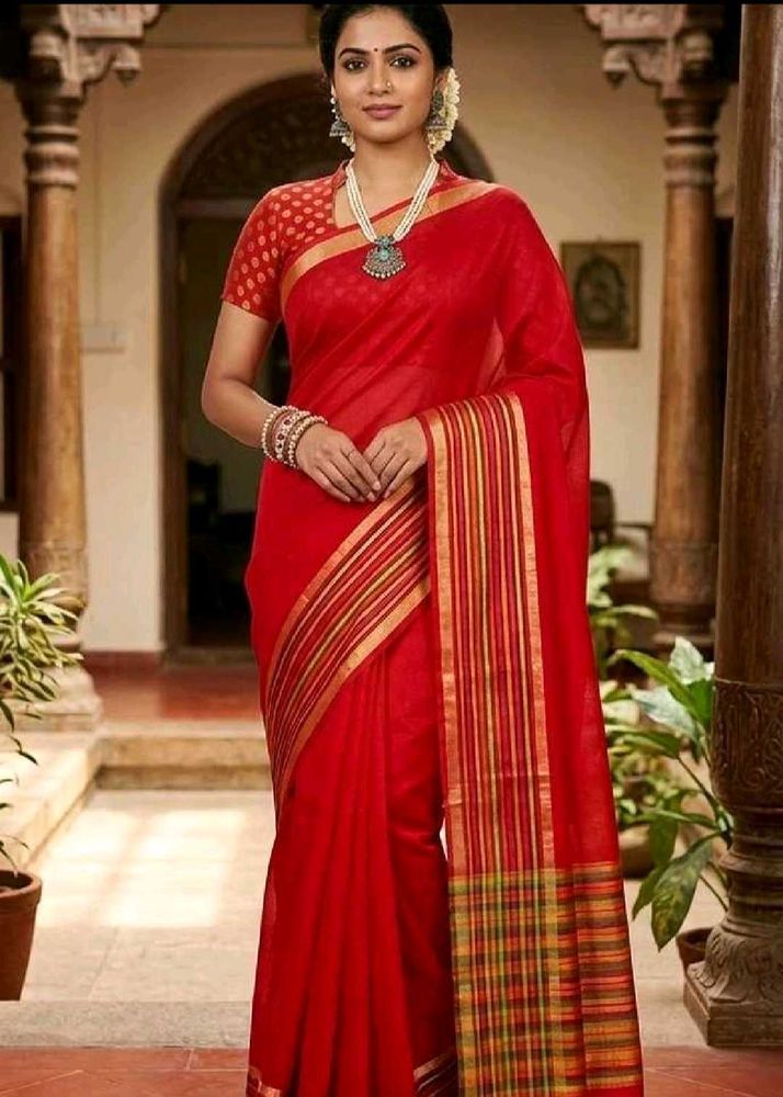 Red Saree with Golden Border and Polka dots Blouse