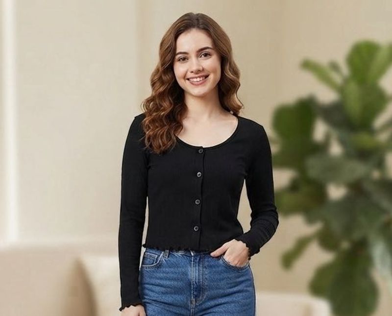 Black Ribbed Button-Up Long Sleeve Top