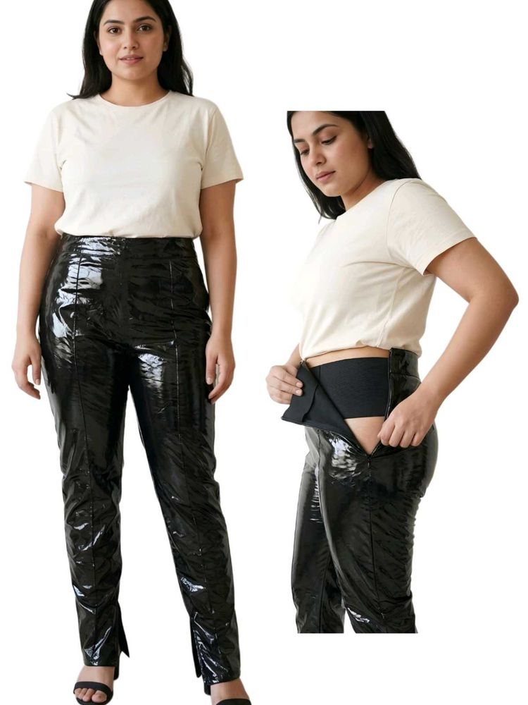 Shiny Black Split Hem Pants Size L