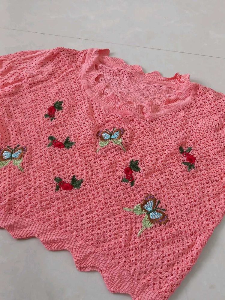 Pink Embroidered Knit Crop Top