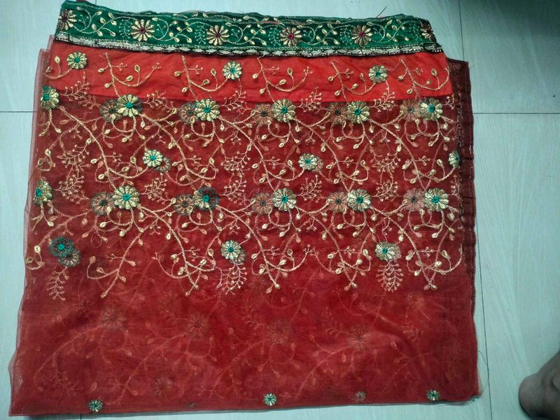 Embroidered Orange &amp; Green Saree Fabric