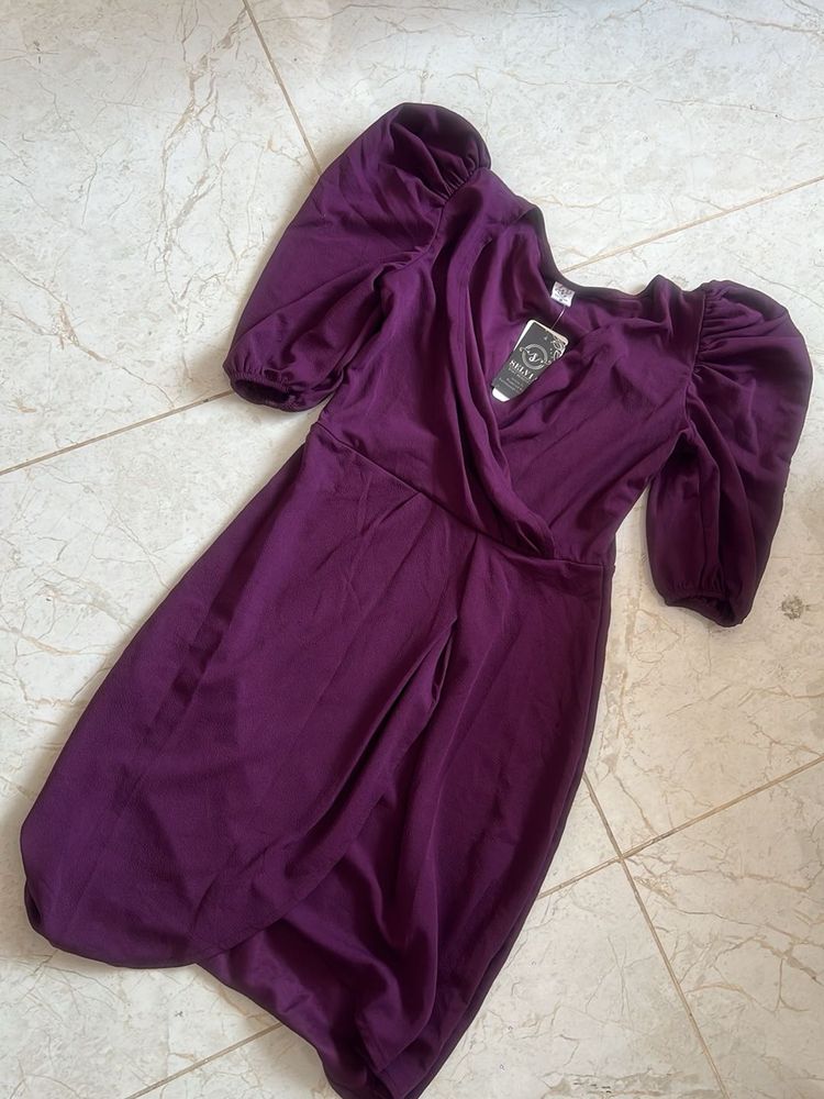 Elegant Purple Puff Sleeve Wrap Dress