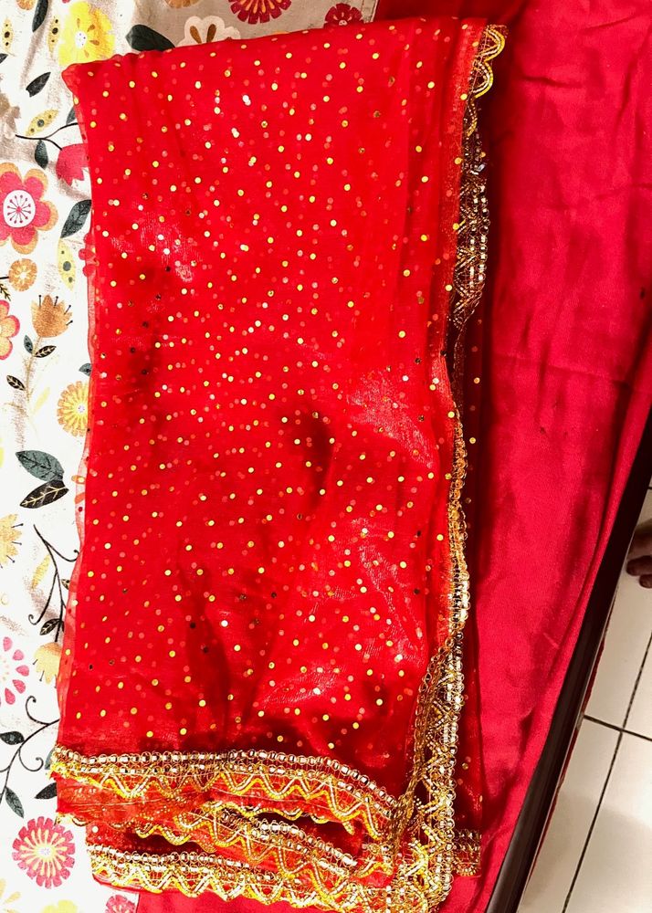Stunning Red Sequinned Chunni with Gold Border