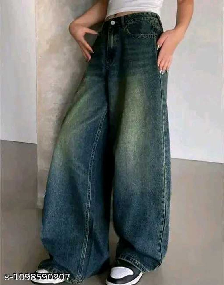 WASHED GREEN DARK BLUE BAGGY JEANS