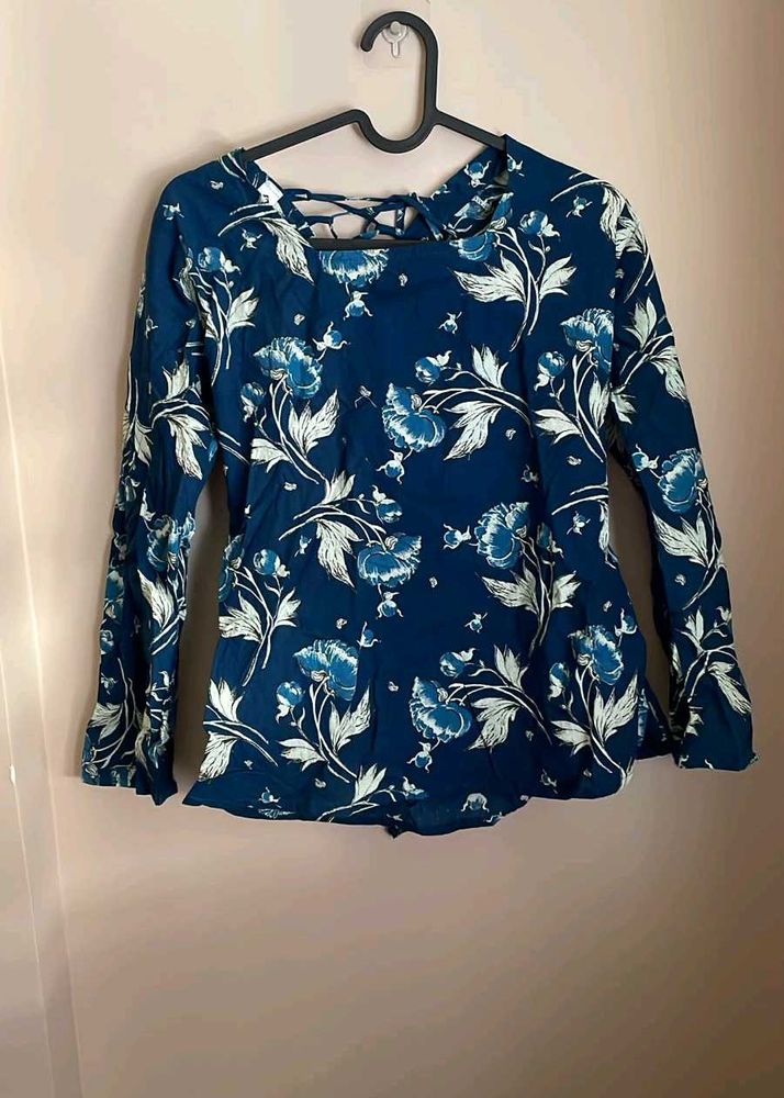 Blue Floral Print Bell Sleeve Top