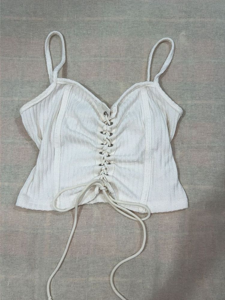 White Ribbed Lace-Up Crop Top