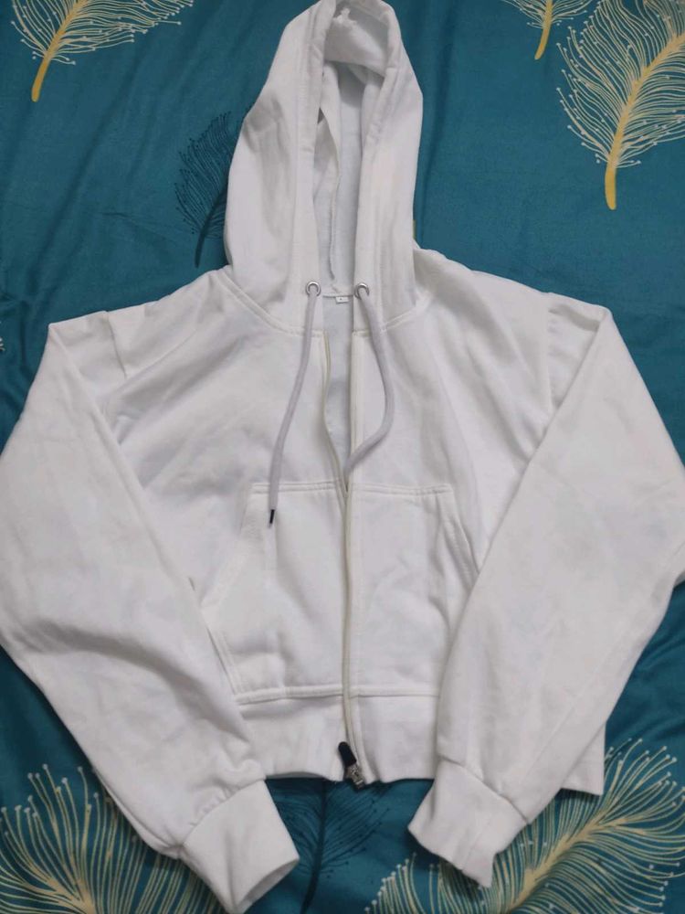 White Cropped Zip-Up Hoodie