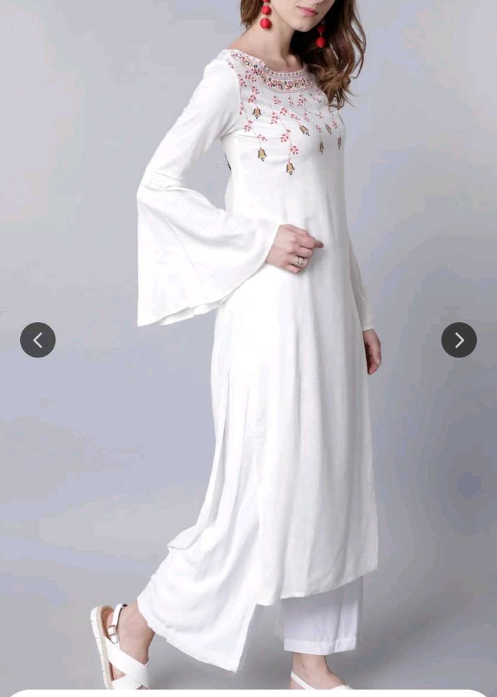 White Embroidered Kurta with Flared Sleeve