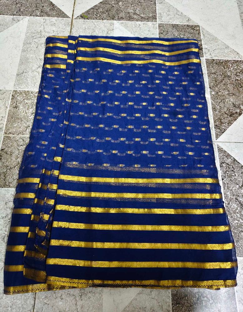 Elegant Blue &amp; Gold Striped Saree