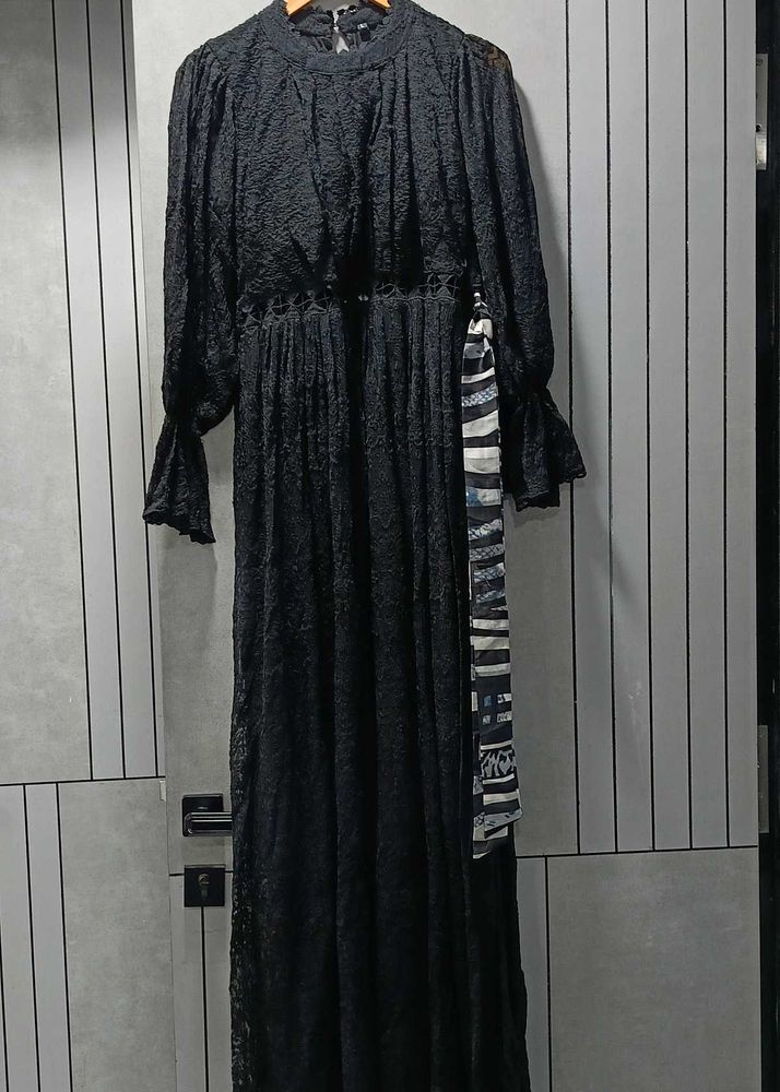 Elegant Black Lace Maxi Dress with Scarf Belt