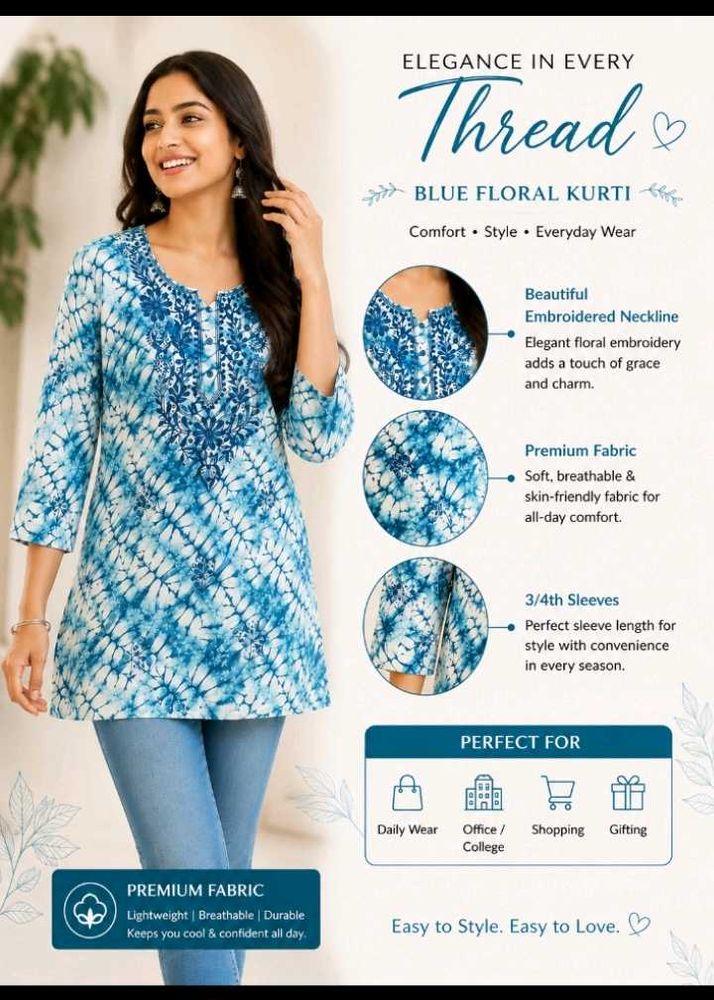 Blue Floral Embroidered Kurti