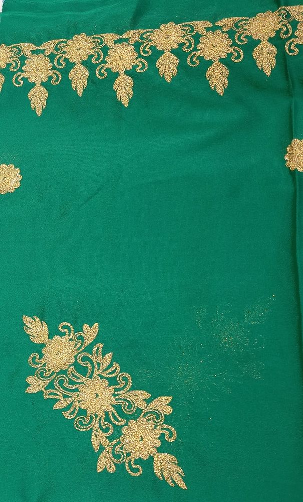 Dark green golden embroidery fabric with work on both sides (upper part and bottom part both have golden embroidery work), patches of work in between.7 meter cloth.