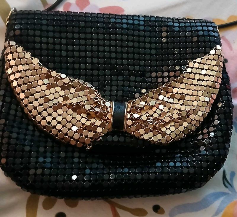 Sparkly Black Clutch with Gold Bow