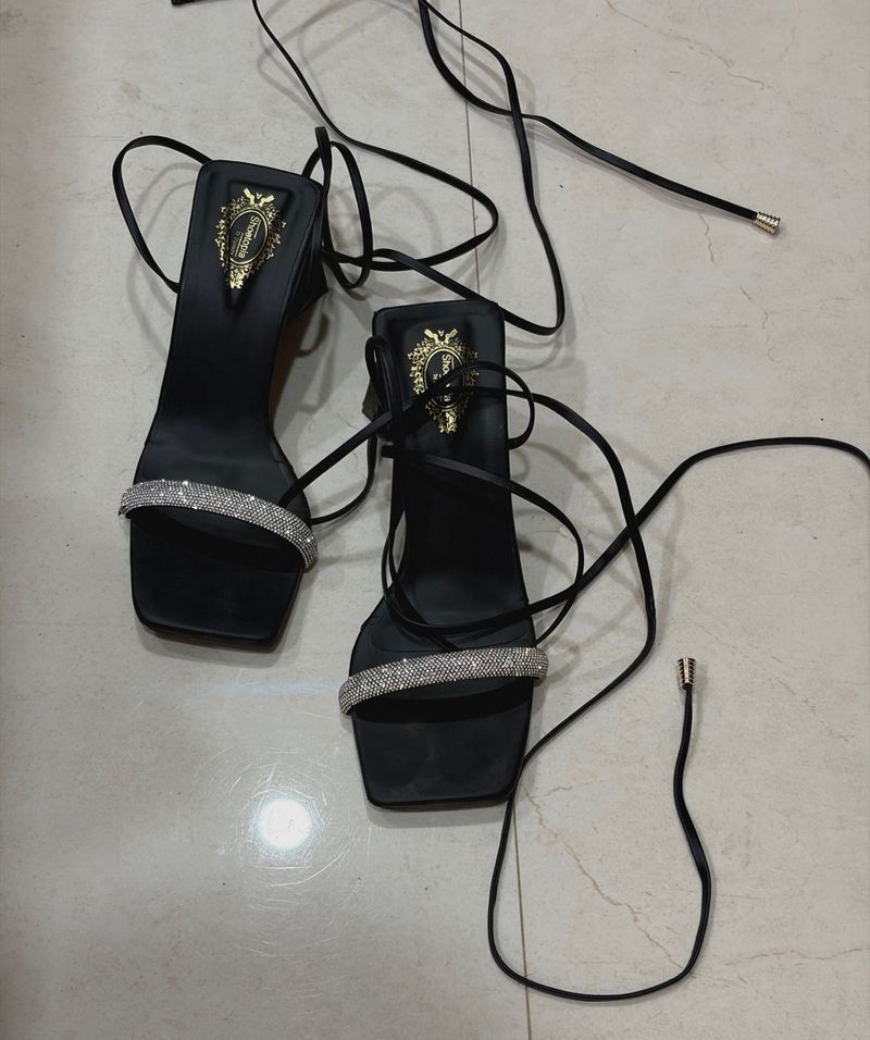 Black Strappy Heels with Rhinestones
