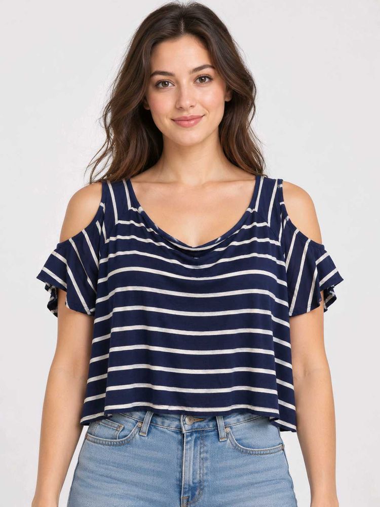 Navy Striped Cold Shoulder Top