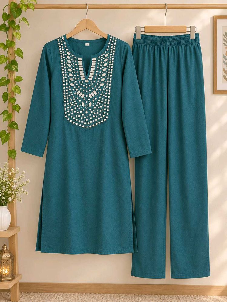 Teal Kurta Set with Embellished Neckline