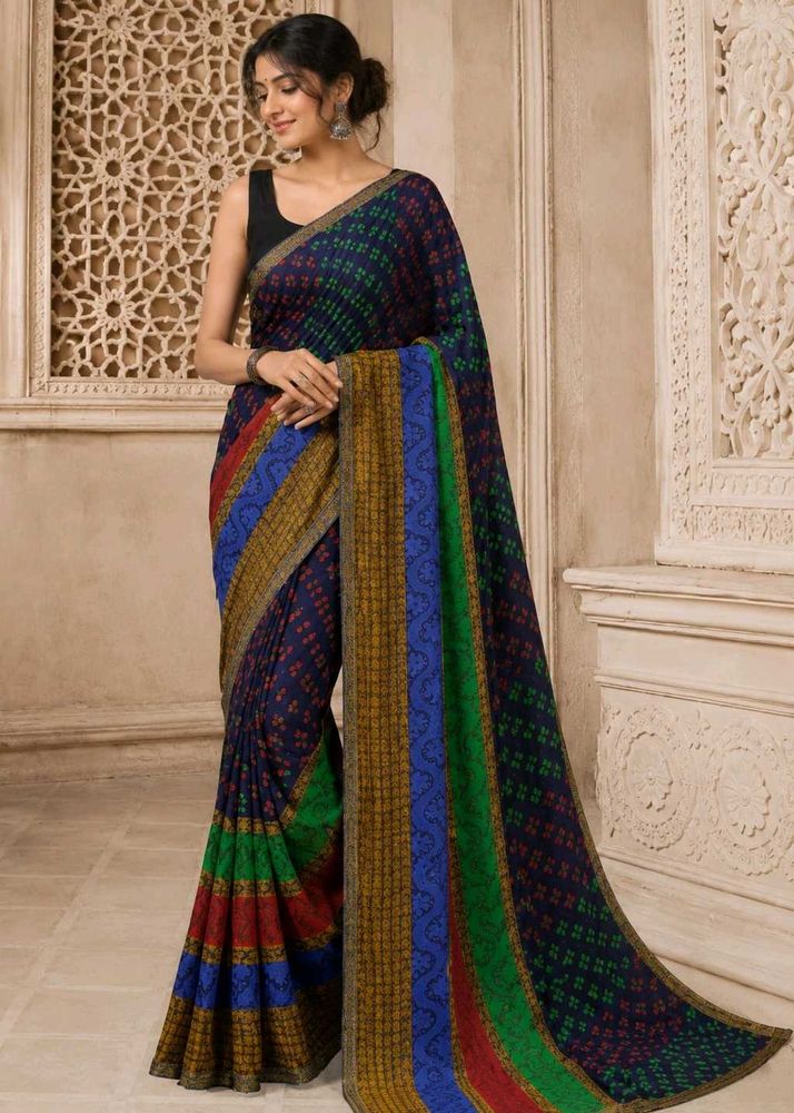 Beautiful Printed Navy Blue Saree