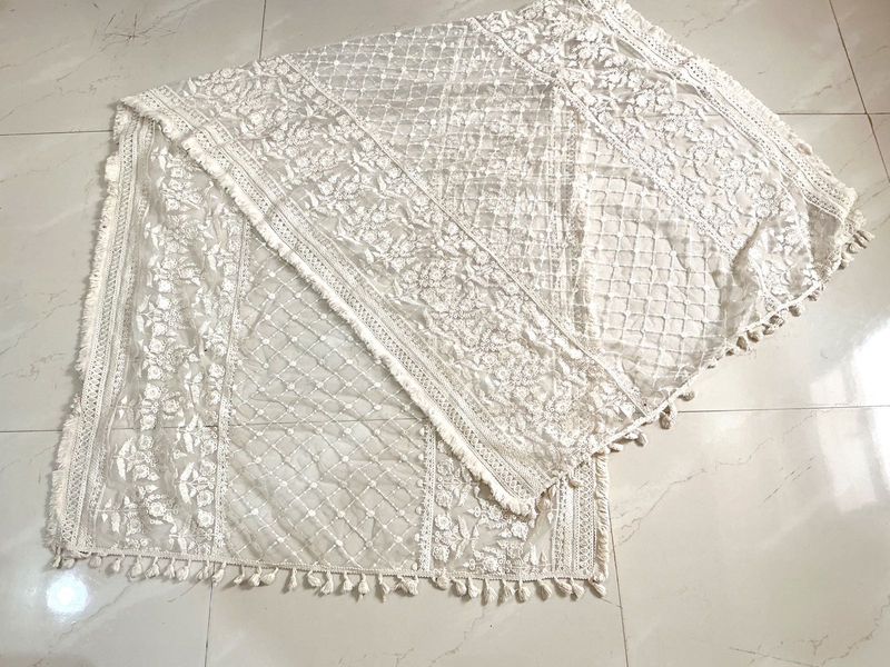 Elegant White Embroidered Dupatta