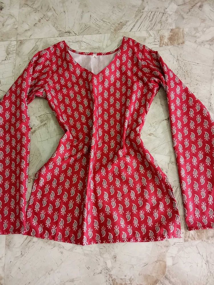 Red Paisley Print Kurta with Bell Sleeves